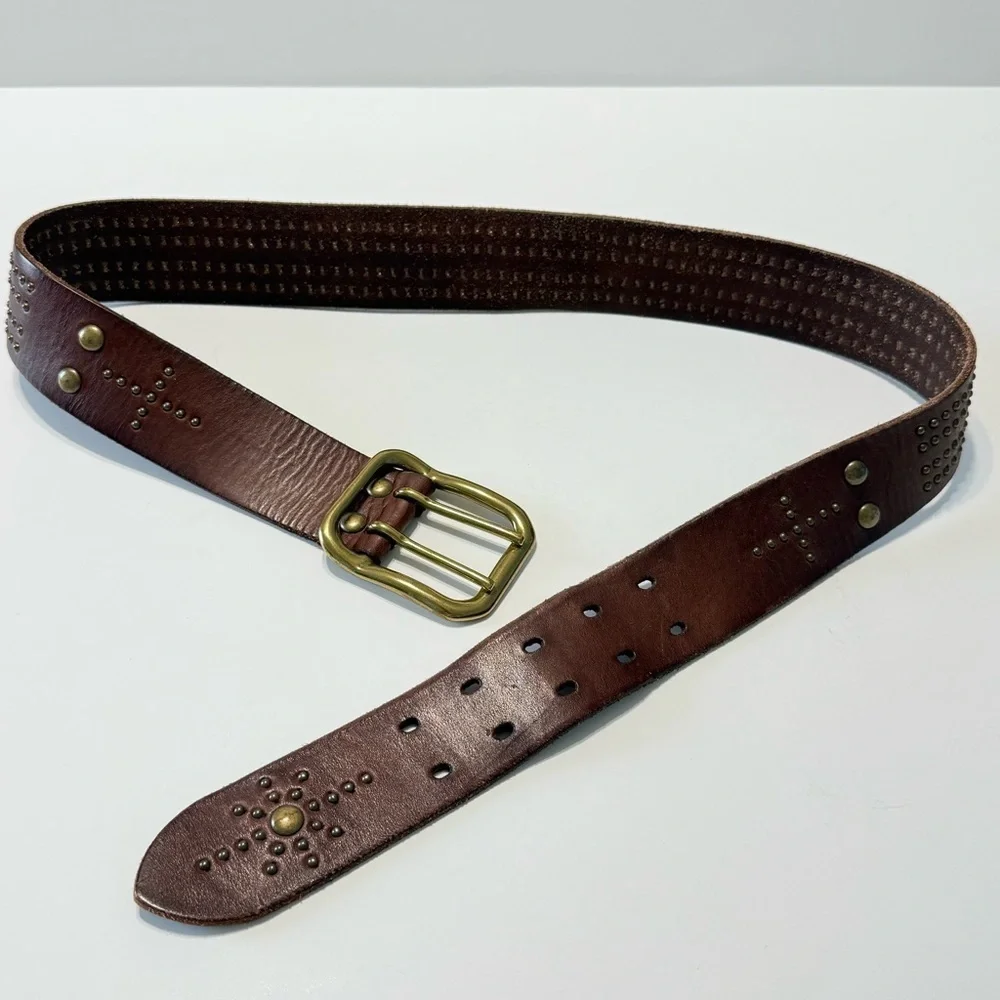 Linea Pelle Vintage Brown Leather Studded Western Belt Brass Double Prong Sz L